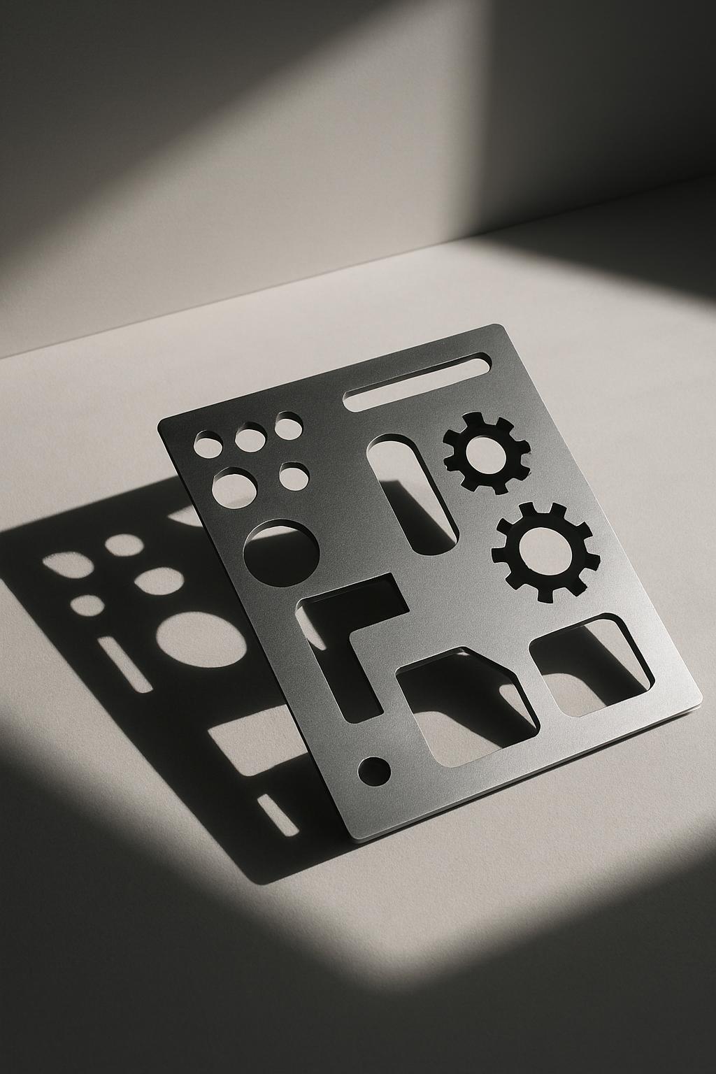 Steel metal stencil with various shapes on it, crafted from brushed steel and featuring the following shapes: – circle - s...